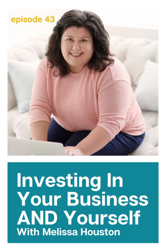 Investing in your business and yourself - how podcasters can benefit from coaching. Picture of Melissa Houston, white smiling woman sitting on couch wearing pink shirt behind computer.