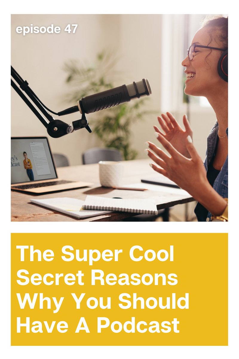 A woman sits at a desk recording a podcast, The text below reads “ The Super Cool Secret Reasons You Should Have A Podcast”